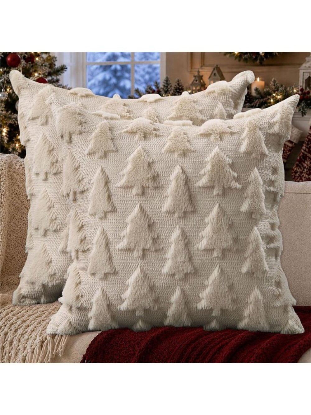 Christmas Tree Pillow Covers 18x18 Set of 2 Christmas Decor Beige